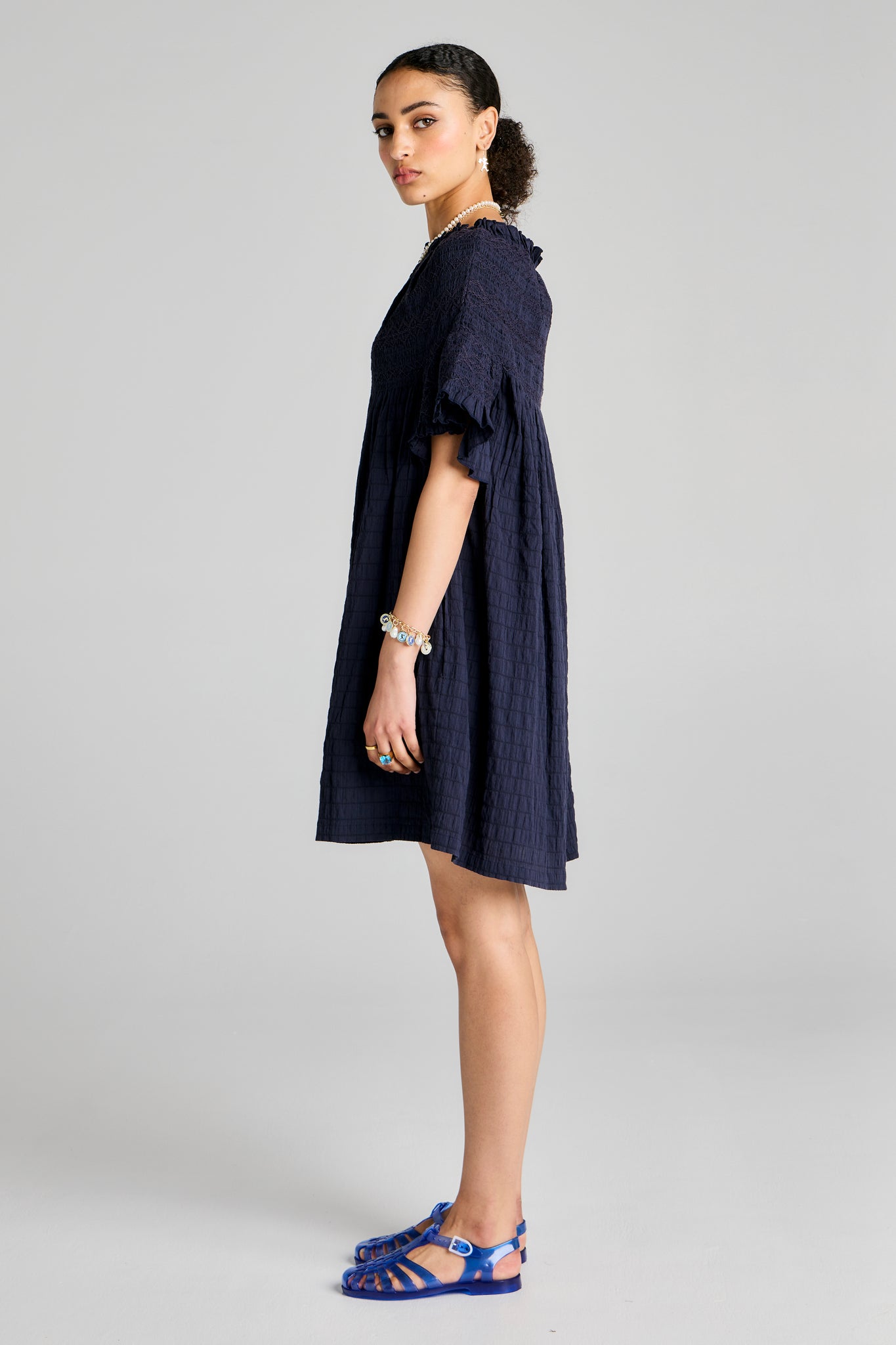 Theia Smocked Mini Dress Navy/Navy Smocking
