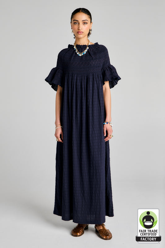 Theia Smocked Dress Navy/Navy Smocking