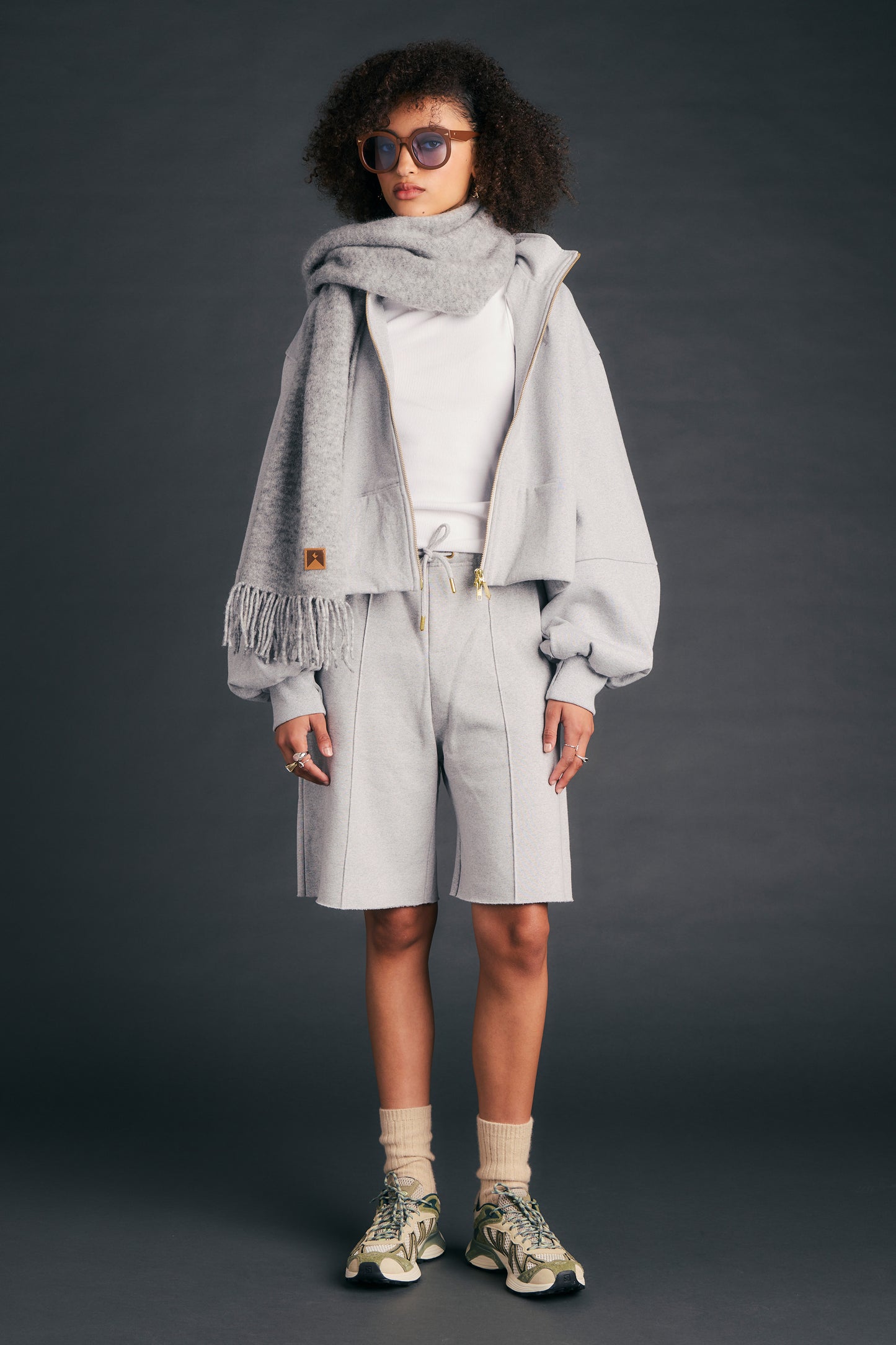 Pin Tuck Track Shorts Grey Marle