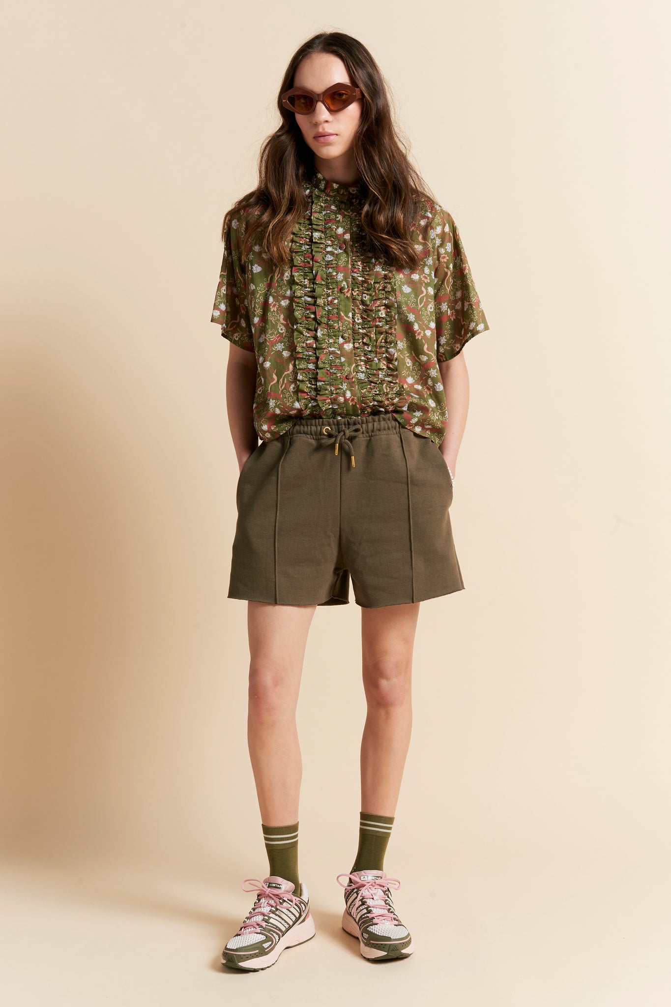 Pin Tuck Mini Track Shorts Hunter Green