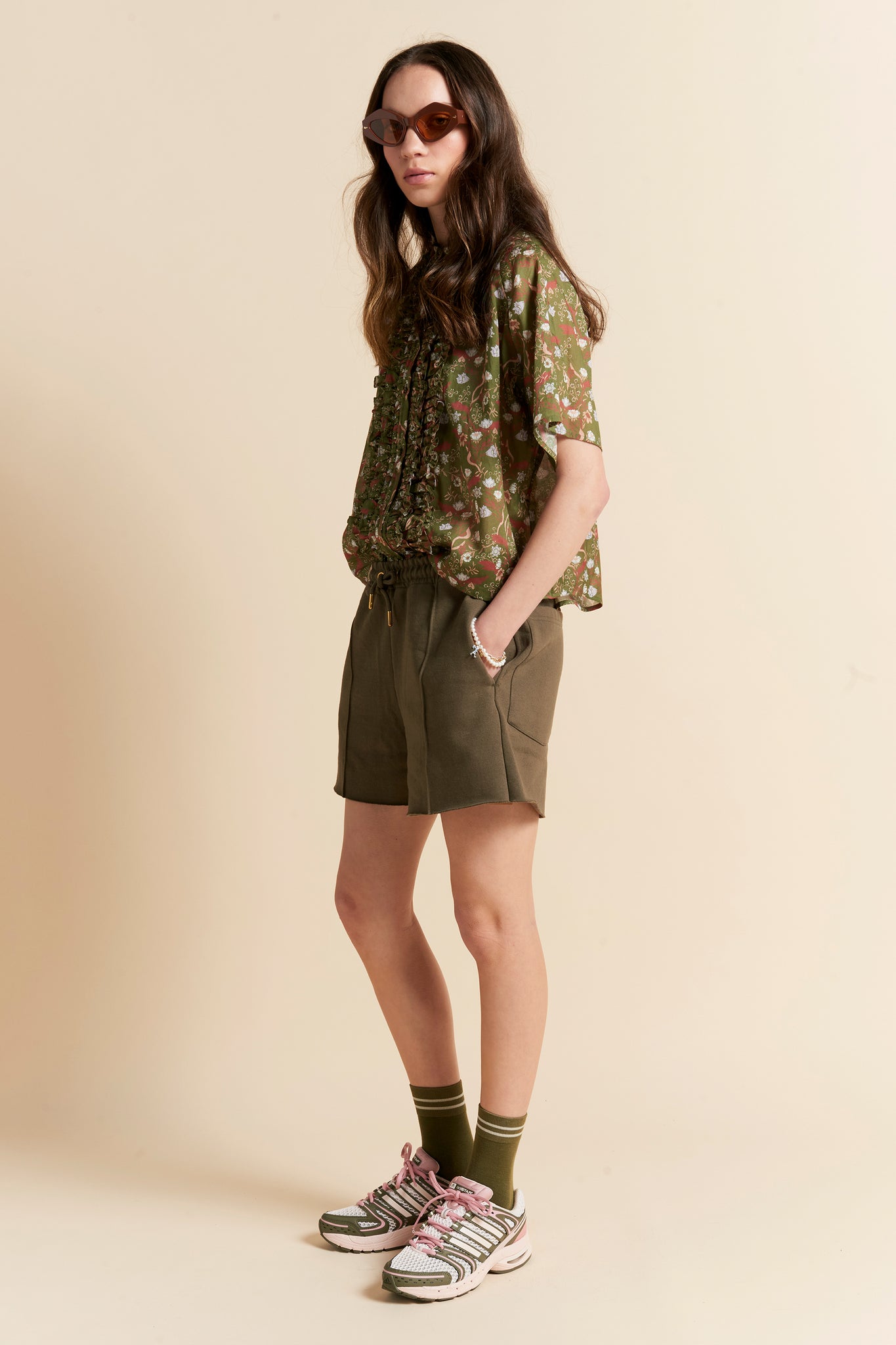 Pin Tuck Mini Track Shorts Hunter Green