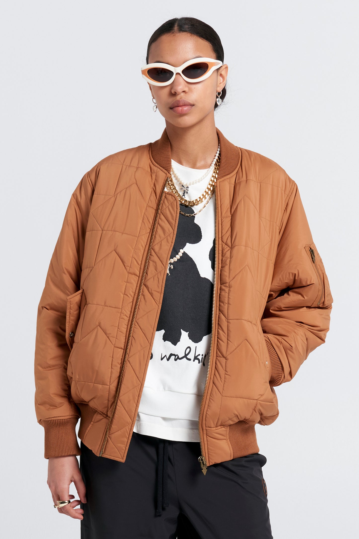Quilted Bomber Jacket Dark Tan