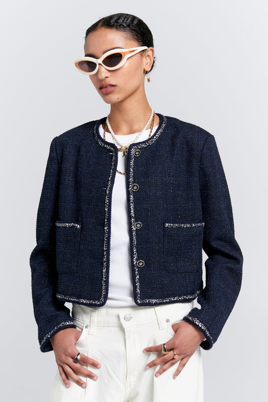 Cropped Bouclé Jacket Navy