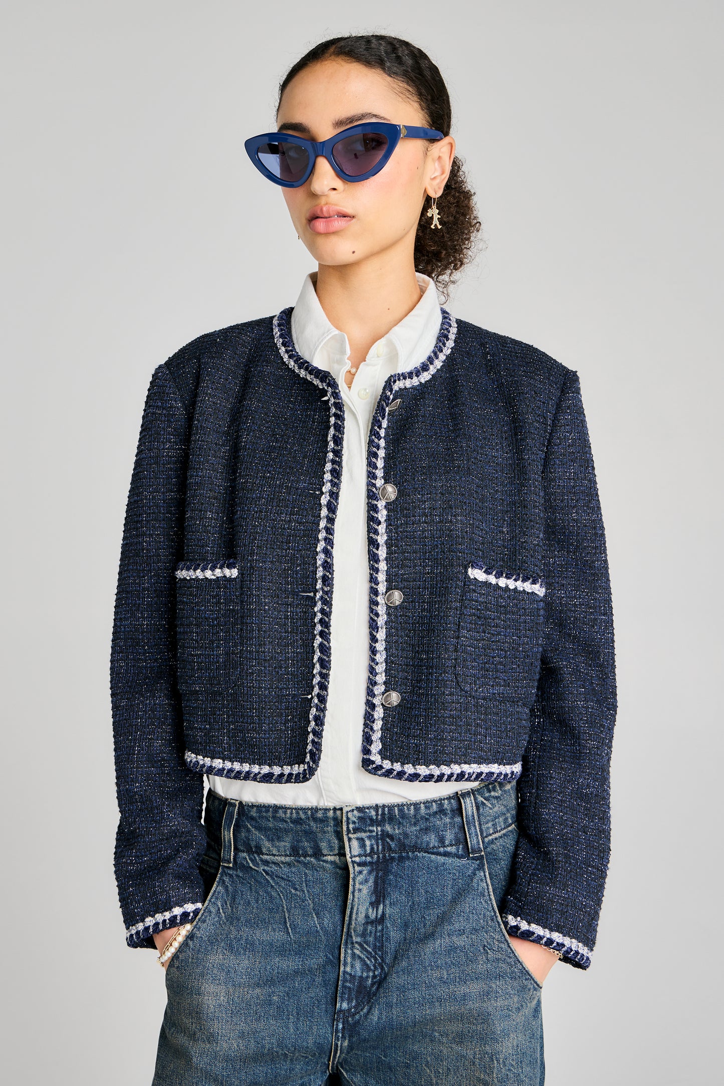 Cropped Bouclé Jacket Navy