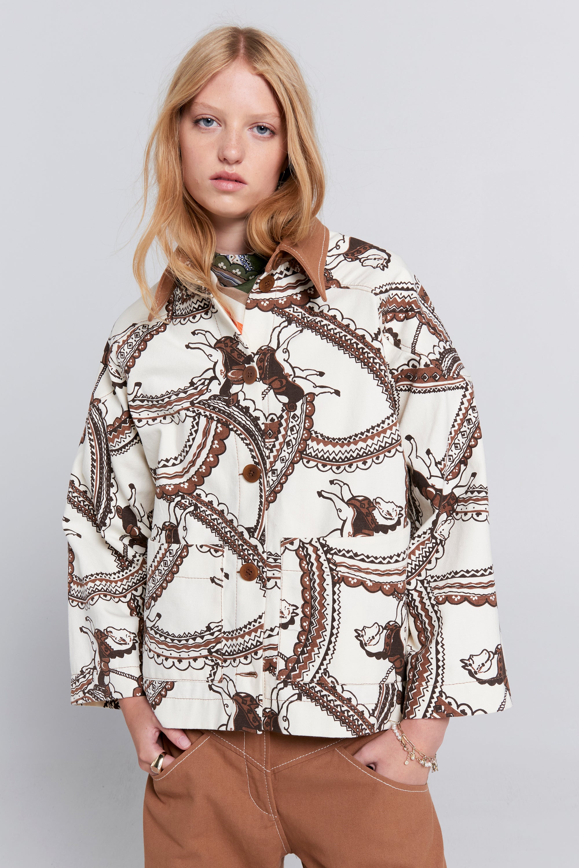 karen walker グレー 花柄 ジャケット UK 8 WANDERLUST JACKET Sherpa-like fleece in a navy and oat KW floral