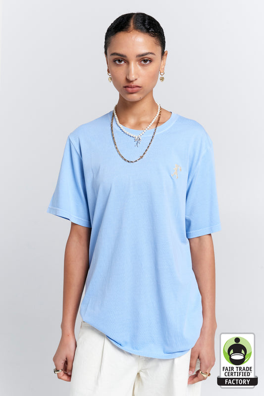 Embroidered Runaway Girl Classic Organic Cotton T-Shirt Blue