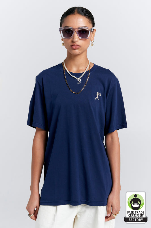 Embroidered Runaway Girl Classic Organic Cotton T-Shirt Navy