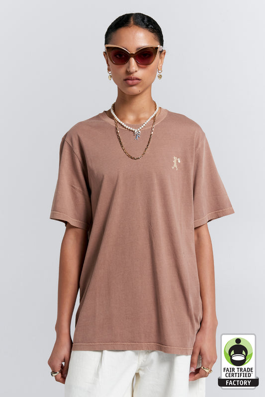 Embroidered Runaway Girl Classic Organic Cotton T-Shirt Taupe