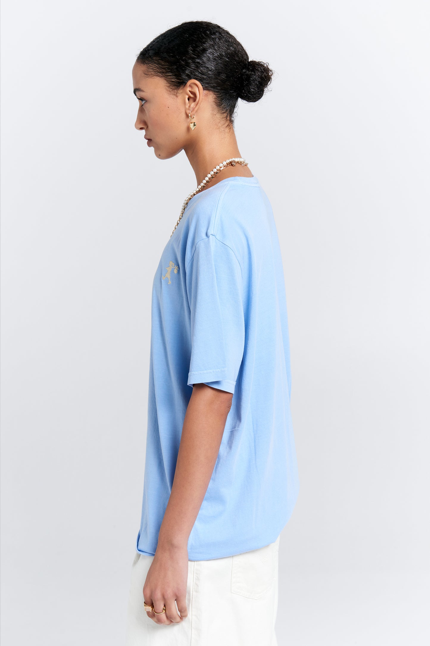 Embroidered Runaway Girl Classic Organic Cotton T-Shirt Blue