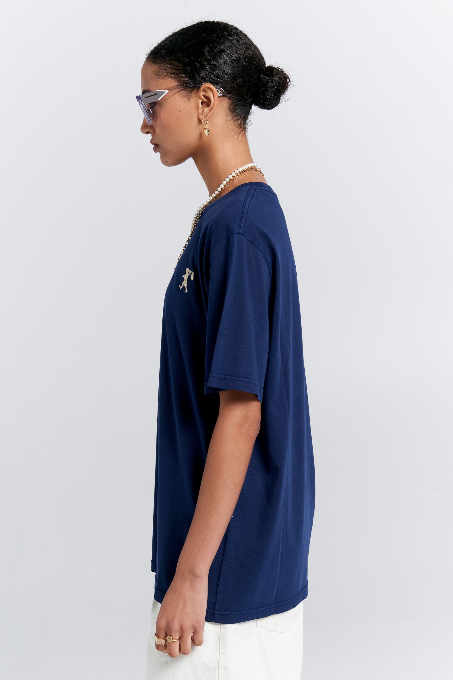 Embroidered Runaway Girl Classic Organic Cotton T-Shirt Navy