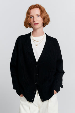 Bessie Cashmere Cardigan Black with Cream Stripe