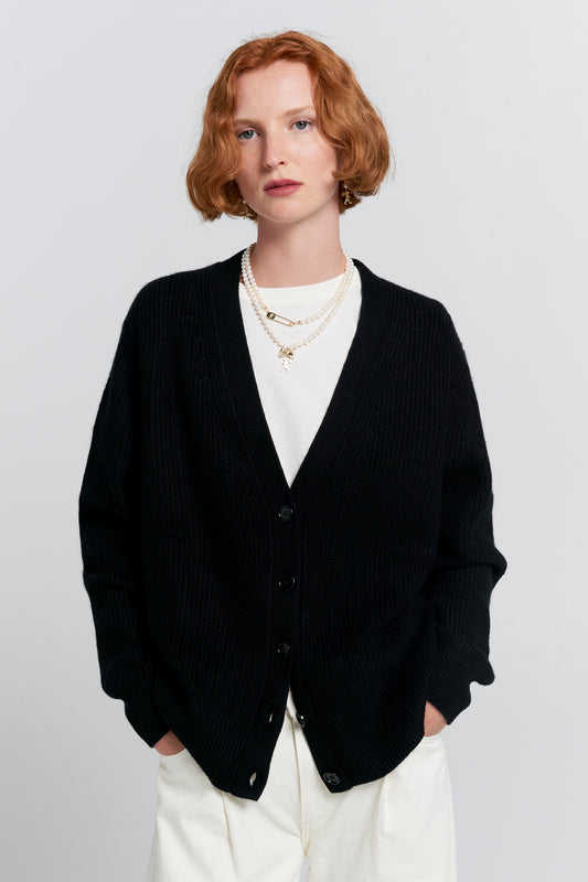 Bessie Cashmere Cardigan Black with Cream Stripe