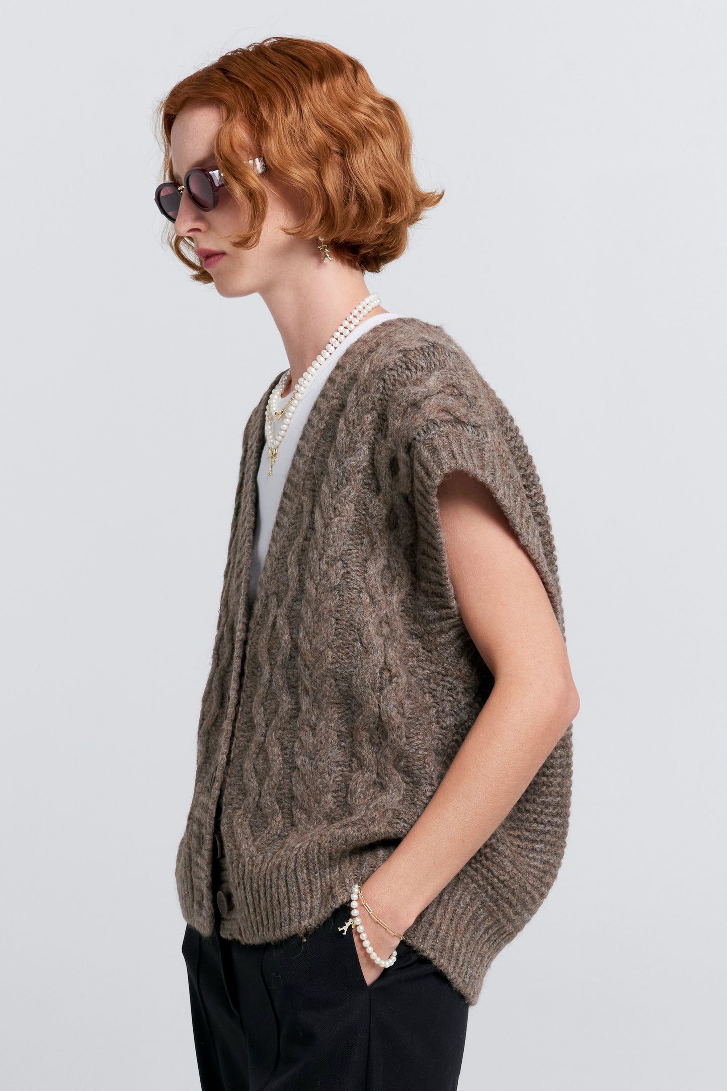 Cable Knit Button Up Vest Walnut