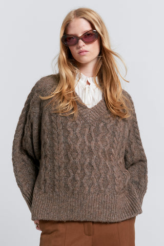 Cable Knit V Neck Sweater Walnut