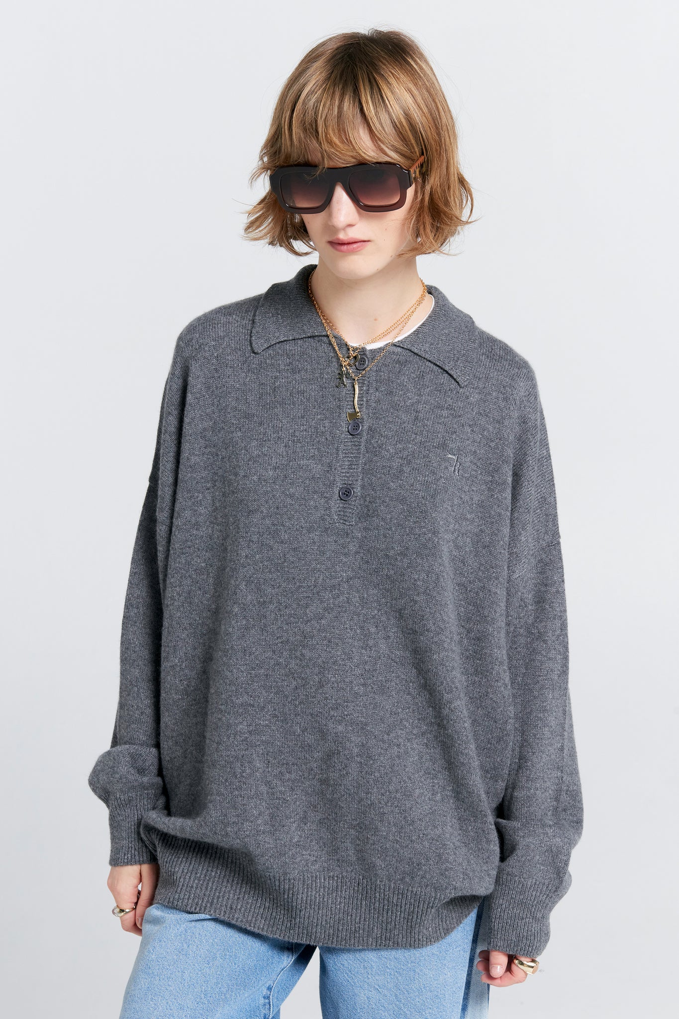 Collared Cashmere Sweater Charcoal Marle