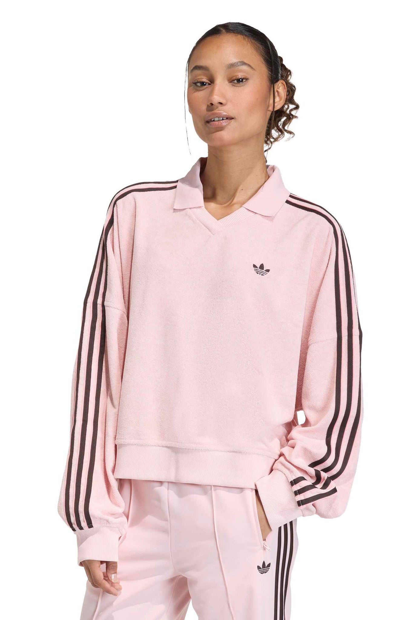 Terry Towel V Neck Long Sleeve Polo Sandy Pink