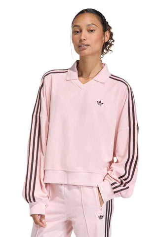 Terry Towel V Neck Long Sleeve Polo Sandy Pink
