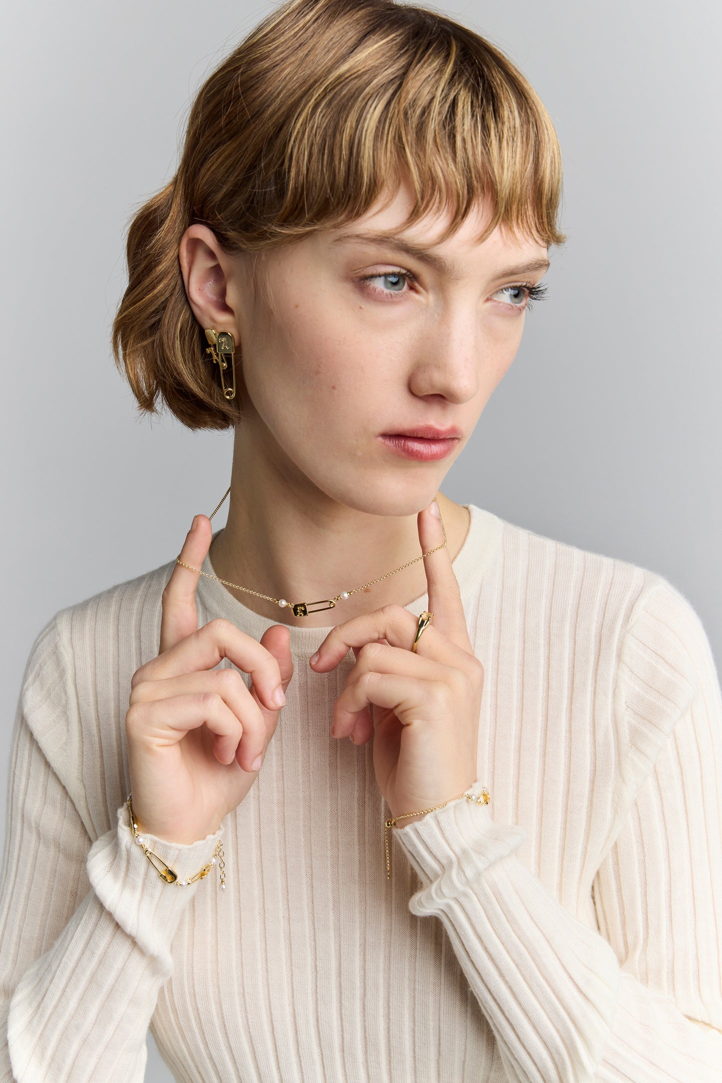 Runaway Safety Pin Necklace with 2 x 4mm Freshwater Pearls Silver