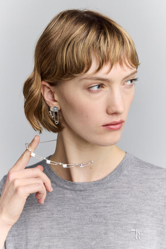 Runaway Safety Pin Chain Necklace with Freshwater Pearls Silver
