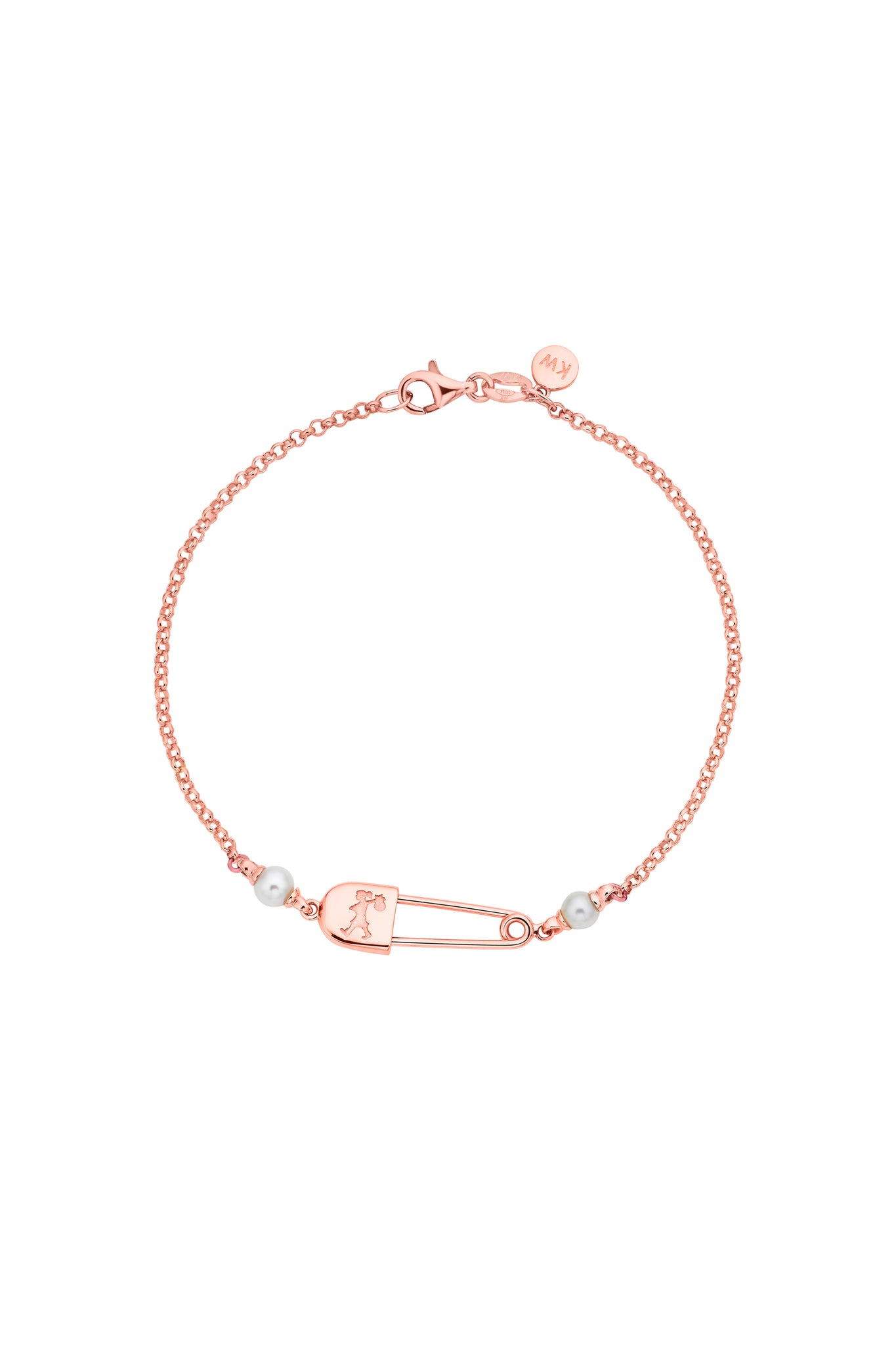 Runaway Safety Pin Bracelet with 2 x 4mm Freshwater Pearls Rose Gold