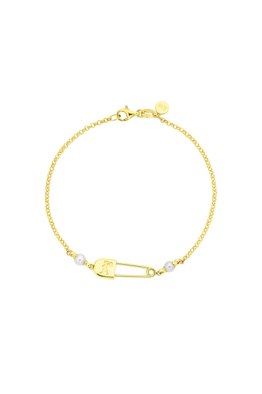 Runaway Safety Pin Bracelet with 2 x 4mm Freshwater Pearls Gold