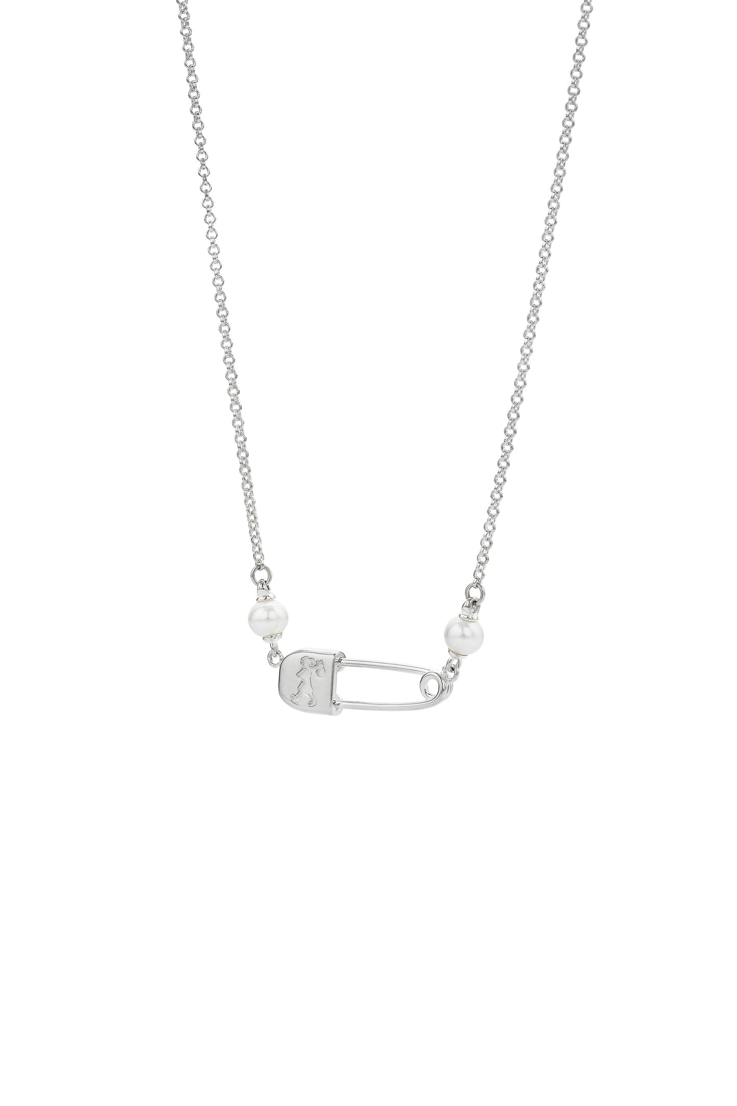 Runaway Safety Pin Necklace with 2 x 4mm Freshwater Pearls Silver