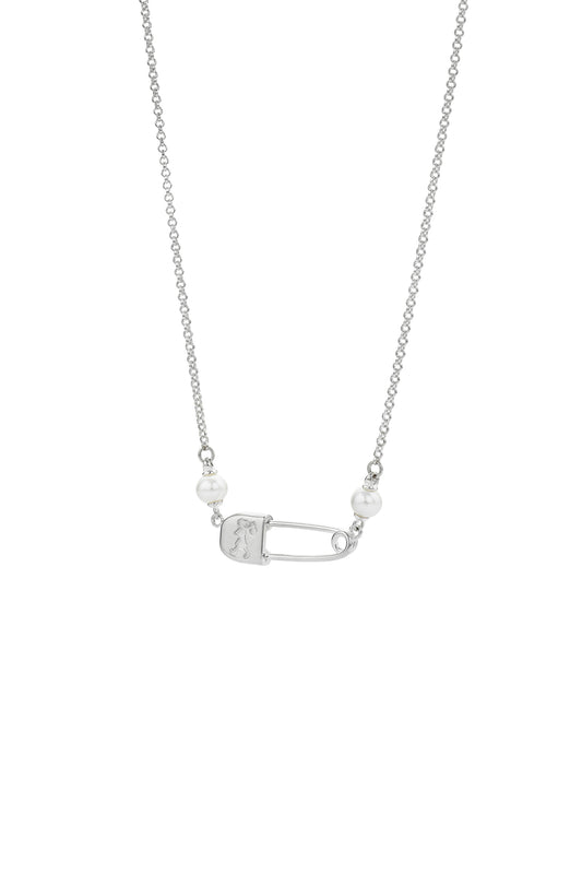 Runaway Safety Pin Necklace with 2 x 4mm Freshwater Pearls Silver