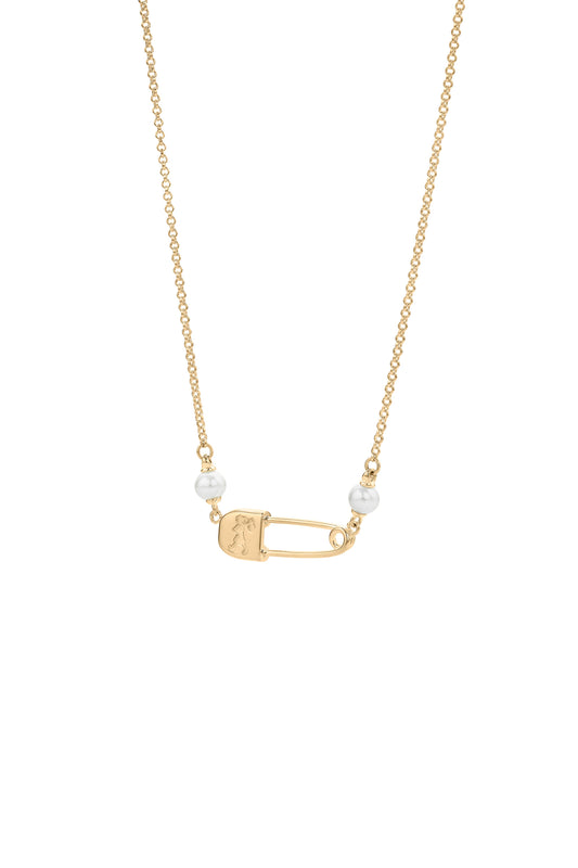 Runaway Safety Pin Necklace with 2 x 4mm Freshwater Pearls Gold-Plated