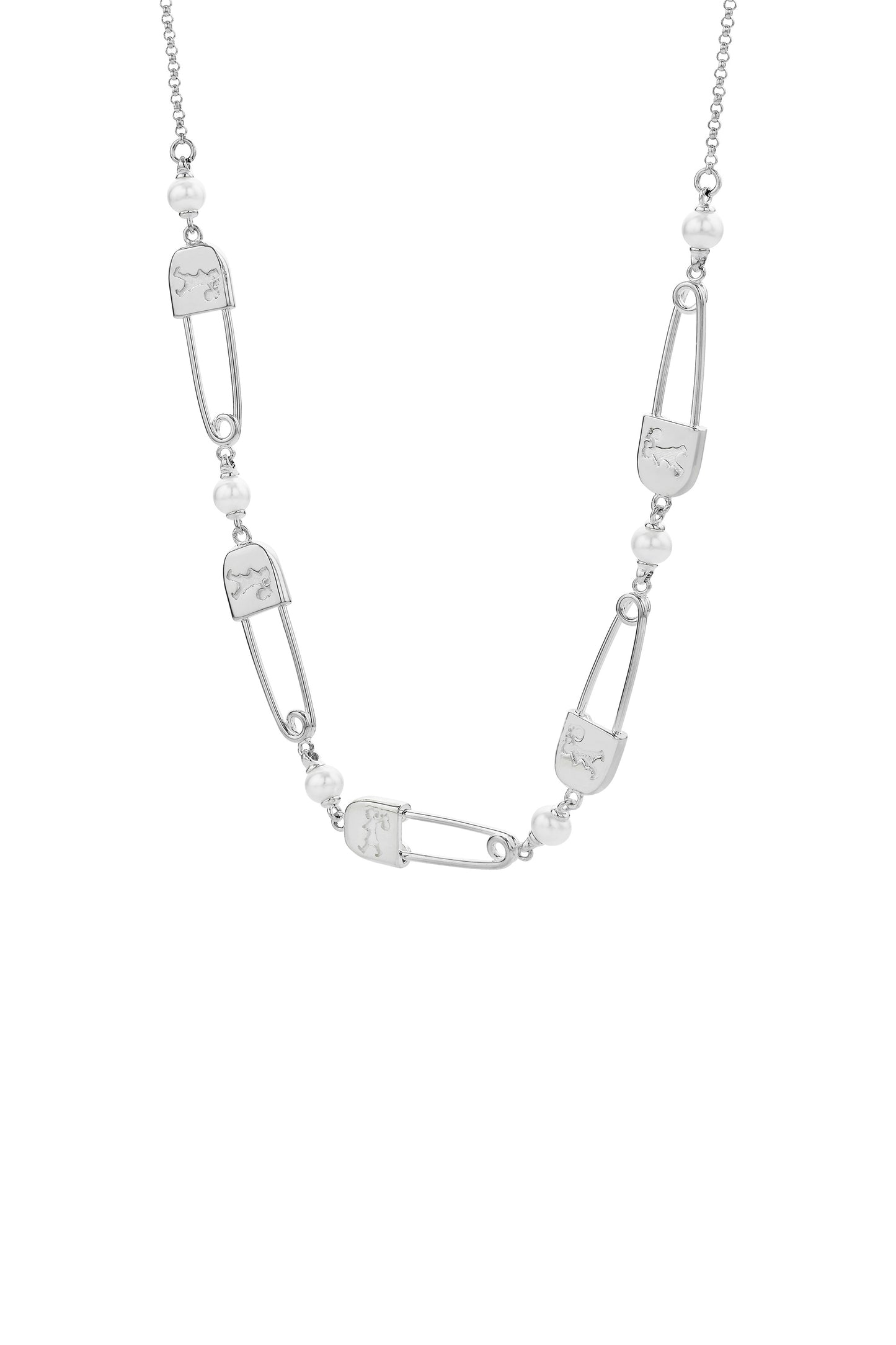 Runaway Safety Pin Chain Necklace with Freshwater Pearls Silver