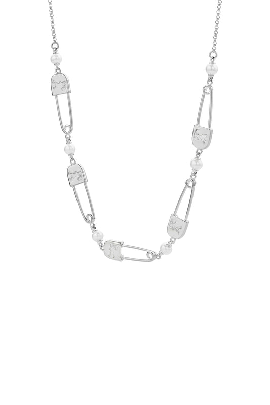 Runaway Safety Pin Chain Necklace with Freshwater Pearls Silver