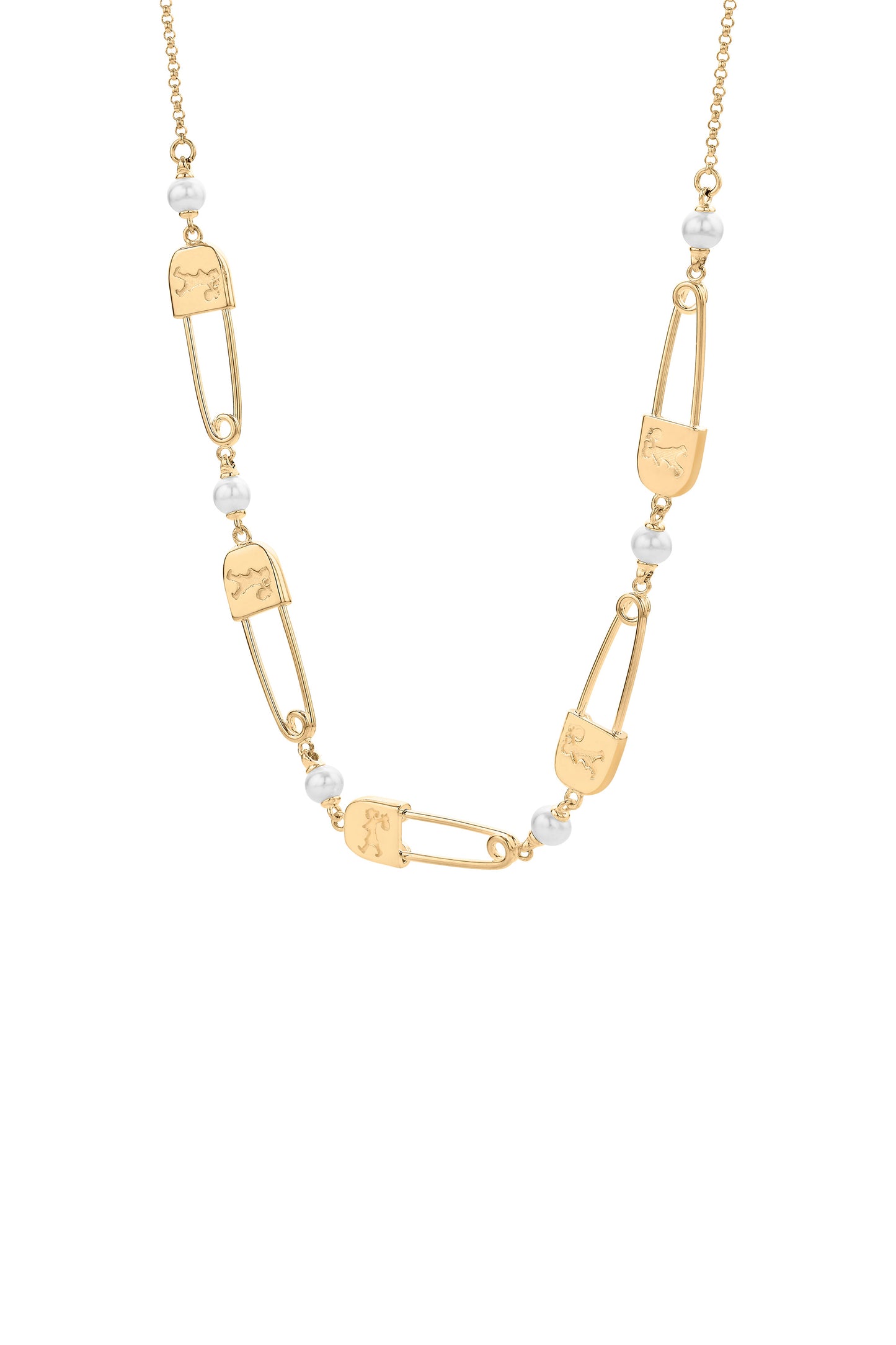 Runaway Safety Pin Chain Necklace with Freshwater Pearls Gold