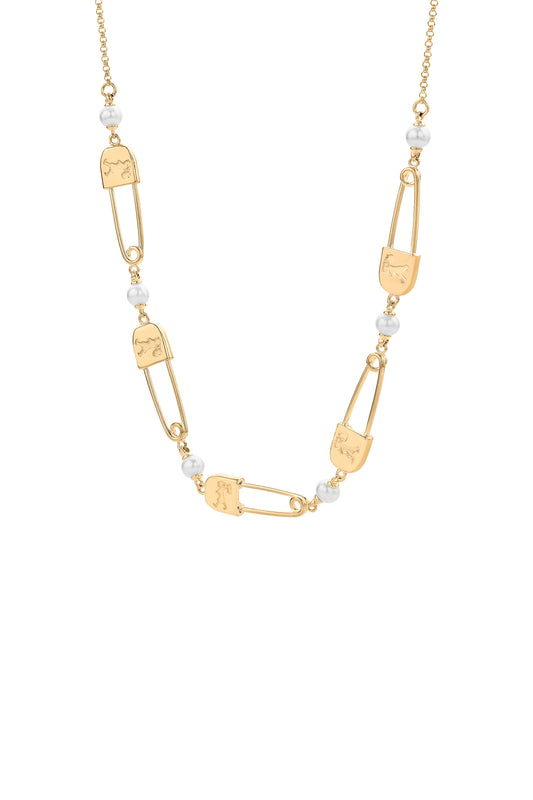 Runaway Safety Pin Chain Necklace with Freshwater Pearls Gold