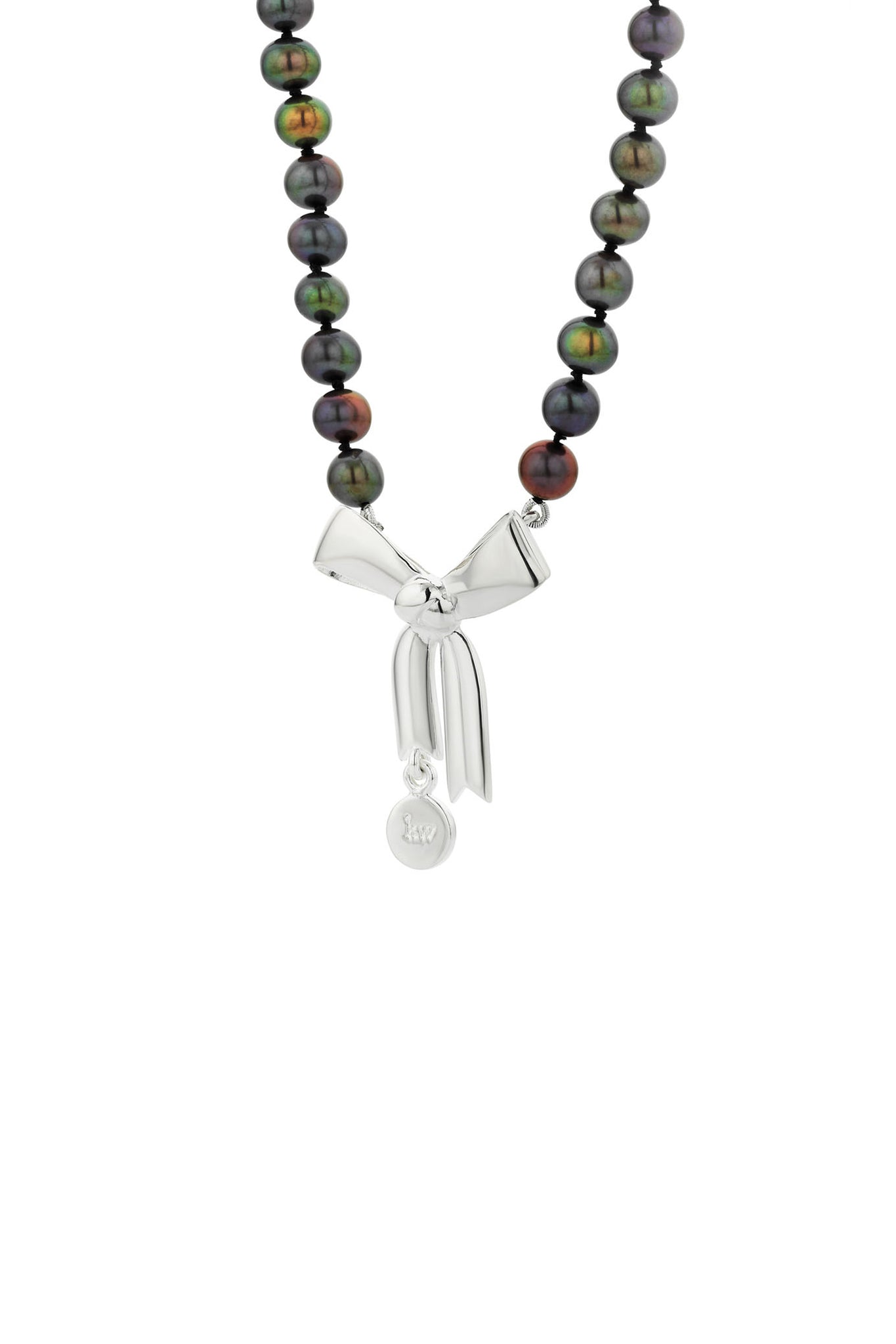Bow & Pearls Necklace with Dyed Pearls Silver