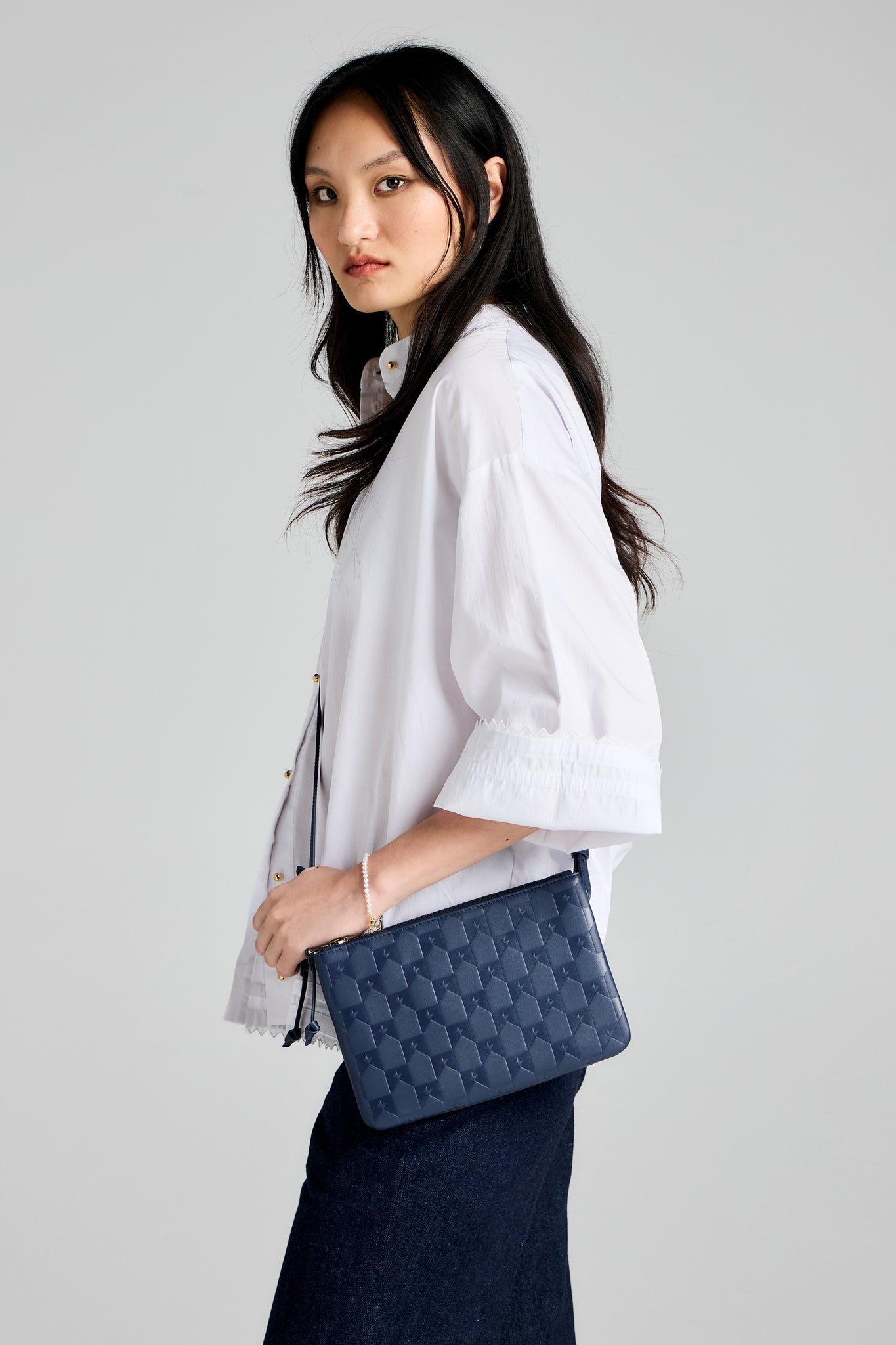 Monogram Double Zip Pouch Nappa Leather Navy