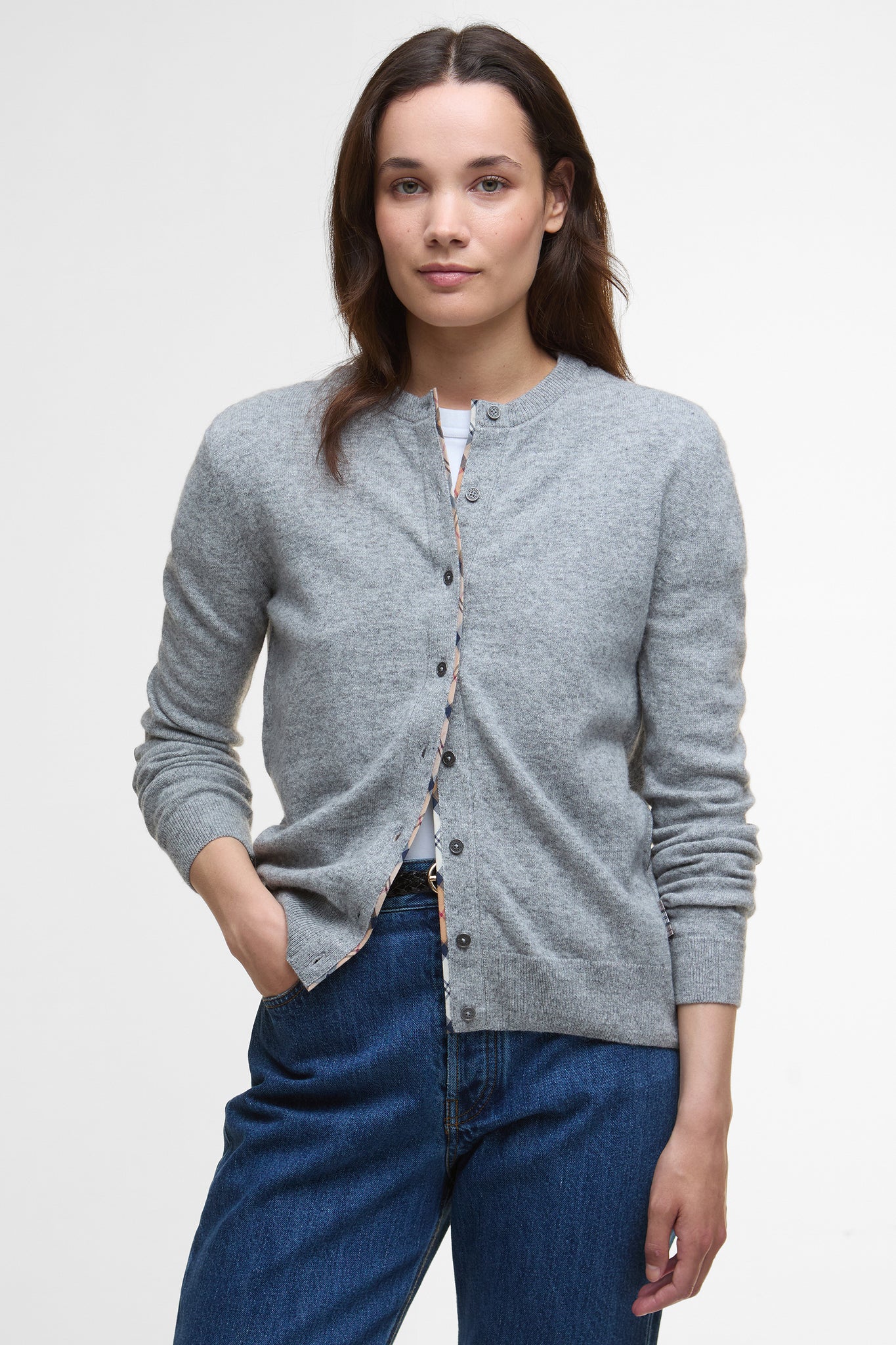 Pendle Knitted Cardigan Grey Marl/Hessian Tartan