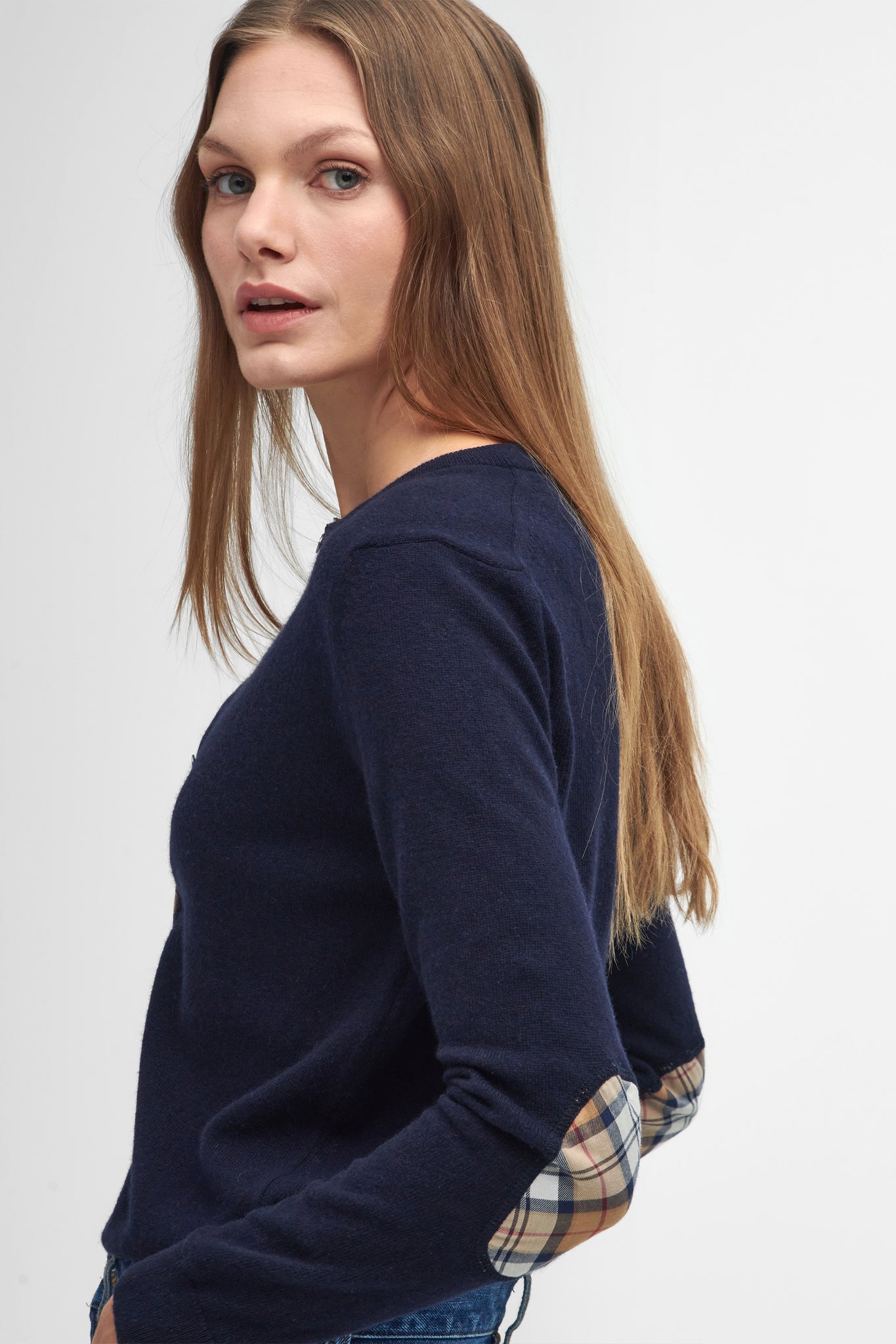 Pendle Knitted Cardigan Navy/Hessian Tartan