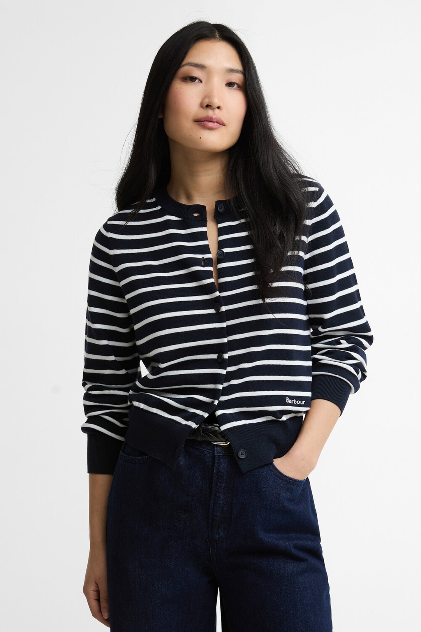 Baiton Knitted Cardigan Dark Navy Stripe