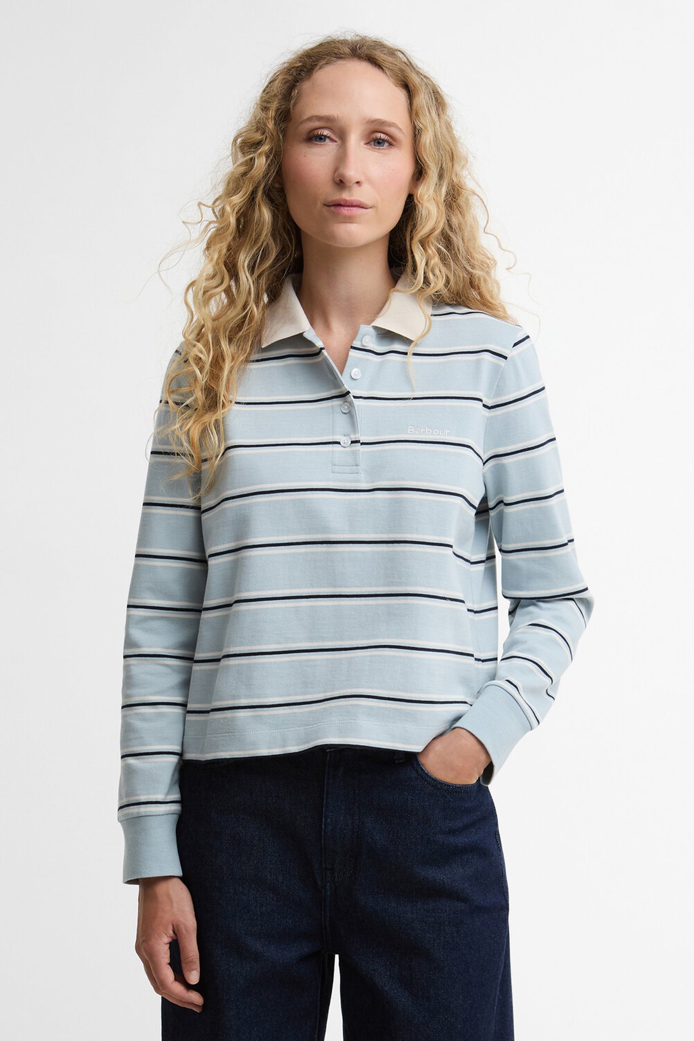 Ashwell Long Sleeve Polo Top Celestial Blue Stripe