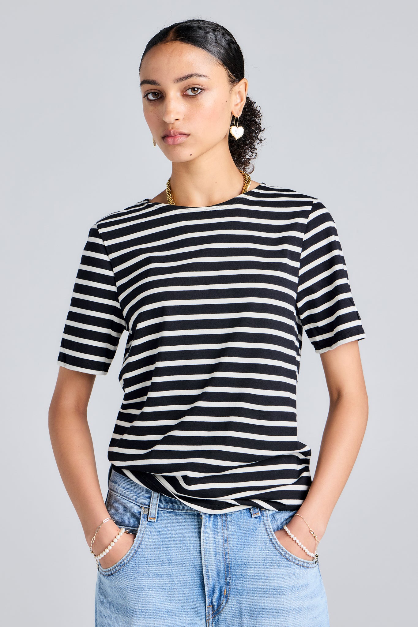 Levant Moderne Short Sleeve Striped Sailor Shirt Noir/Ecru