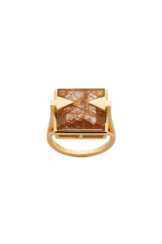 Ballistic Ring with 14mm Square Rutilated Quartz Gold