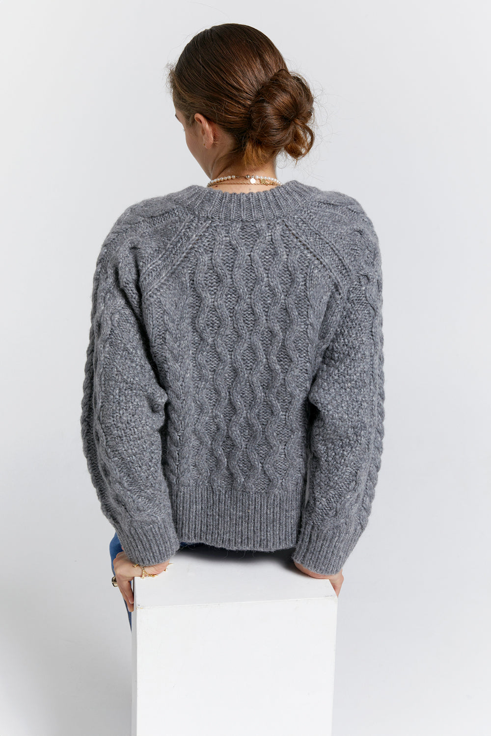Cable Knit Cropped Sweater Grey Marle