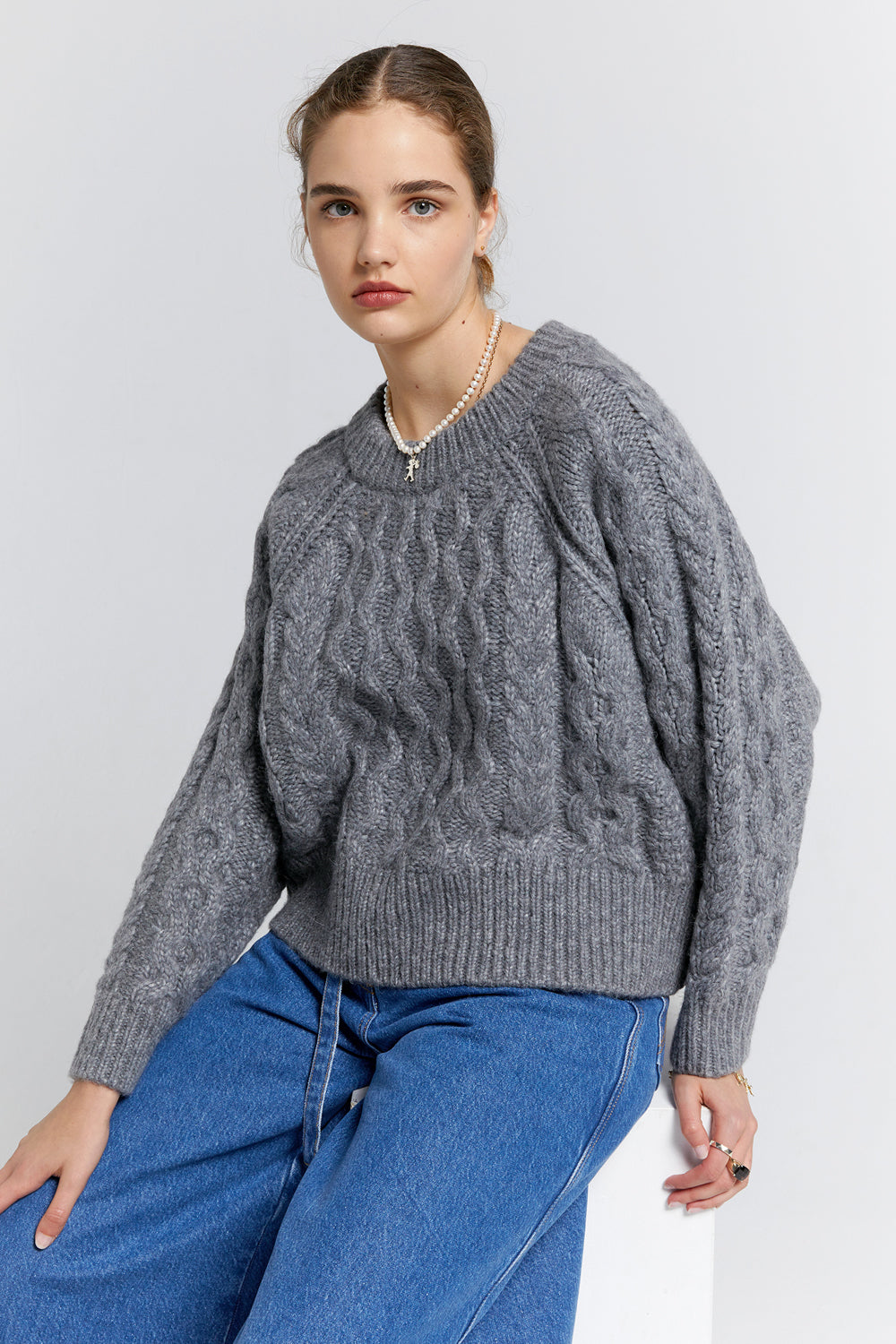 Cable Knit Cropped Sweater Grey Marle