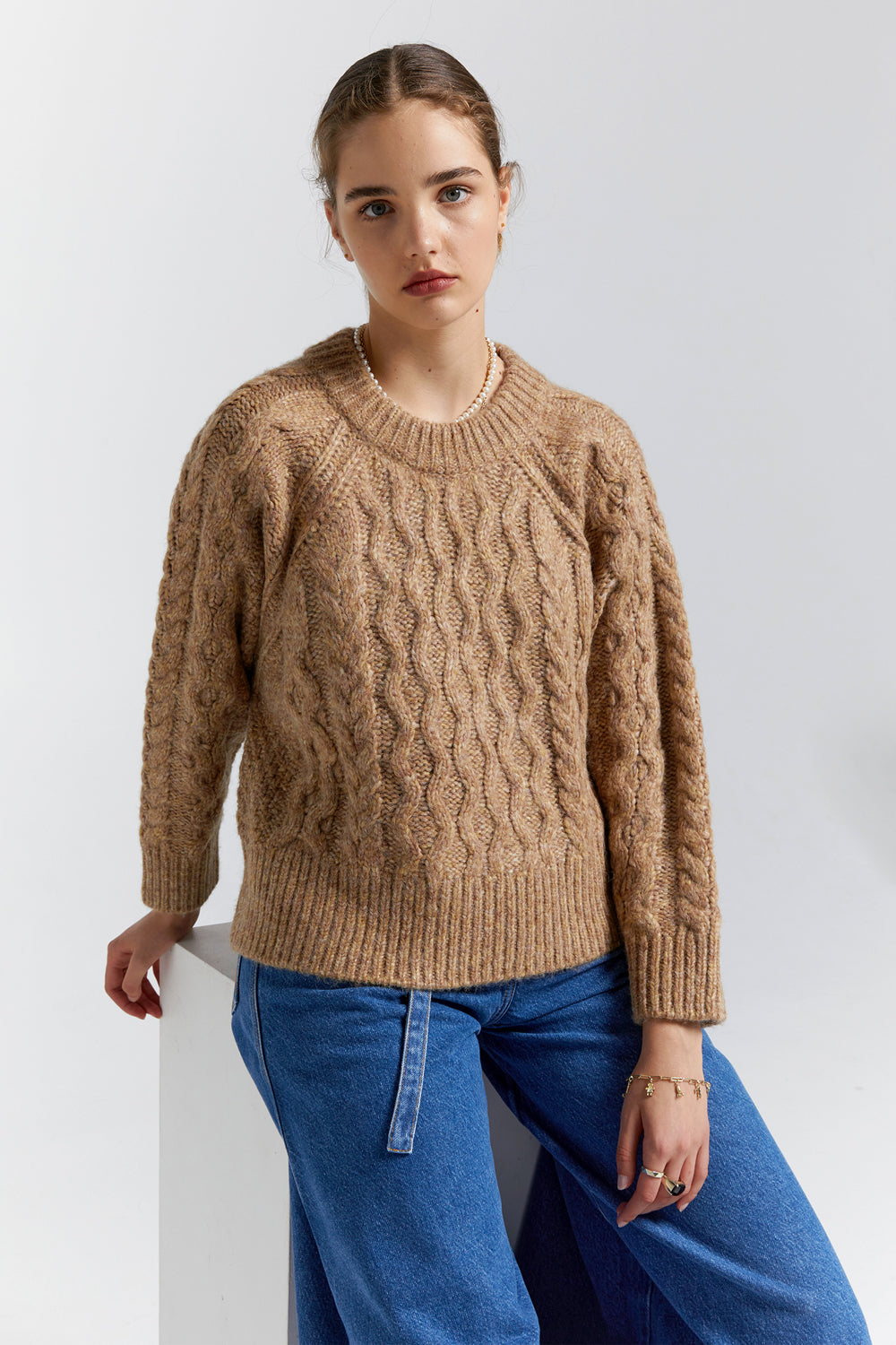 Cable Knit Cropped Sweater Honey Marle