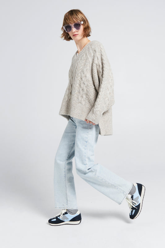 Cable Knit V Neck Sweater Driftwood