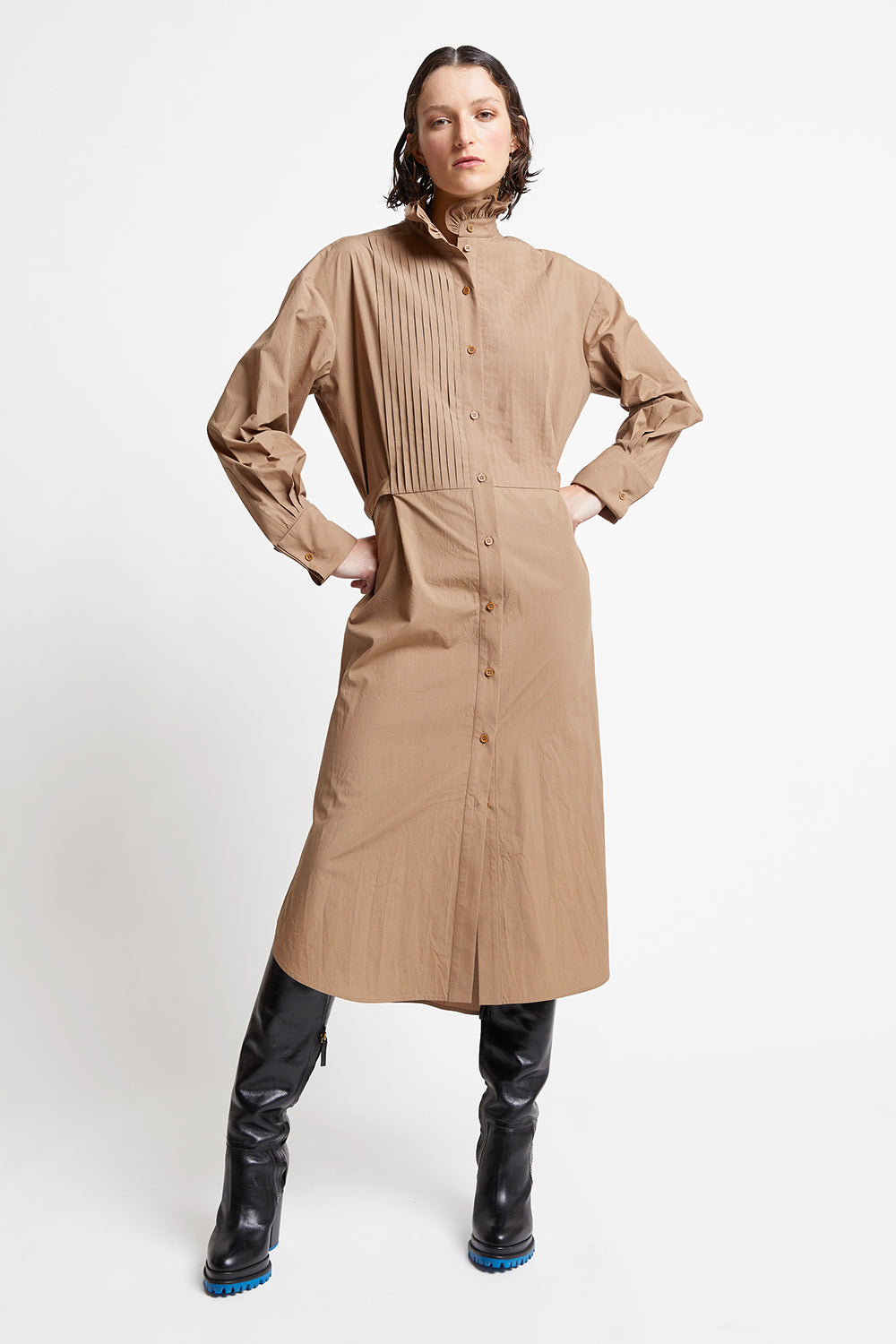 Caspar Organic Cotton Pintuck Dress Bran