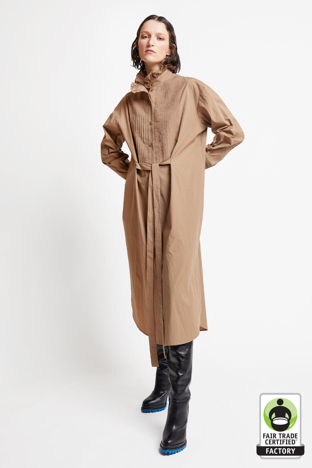 Caspar Organic Cotton Pintuck Dress Bran