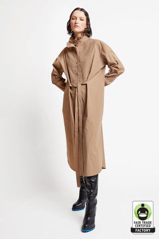 Caspar Organic Cotton Pintuck Dress Bran