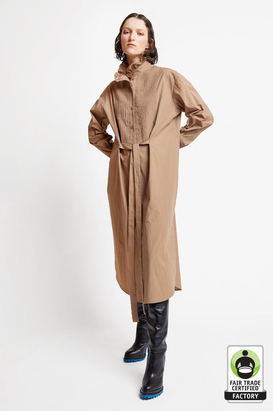 Caspar Organic Cotton Pintuck Dress Bran