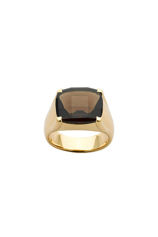 Chequerboard Ring 14 x 12mm Gold & Smoky Quartz