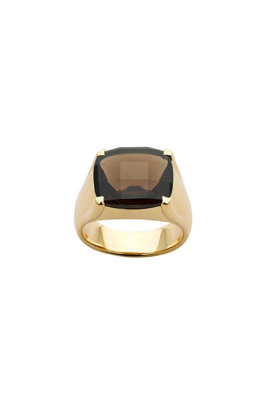Chequerboard Ring 14 x 12mm Gold & Smoky Quartz